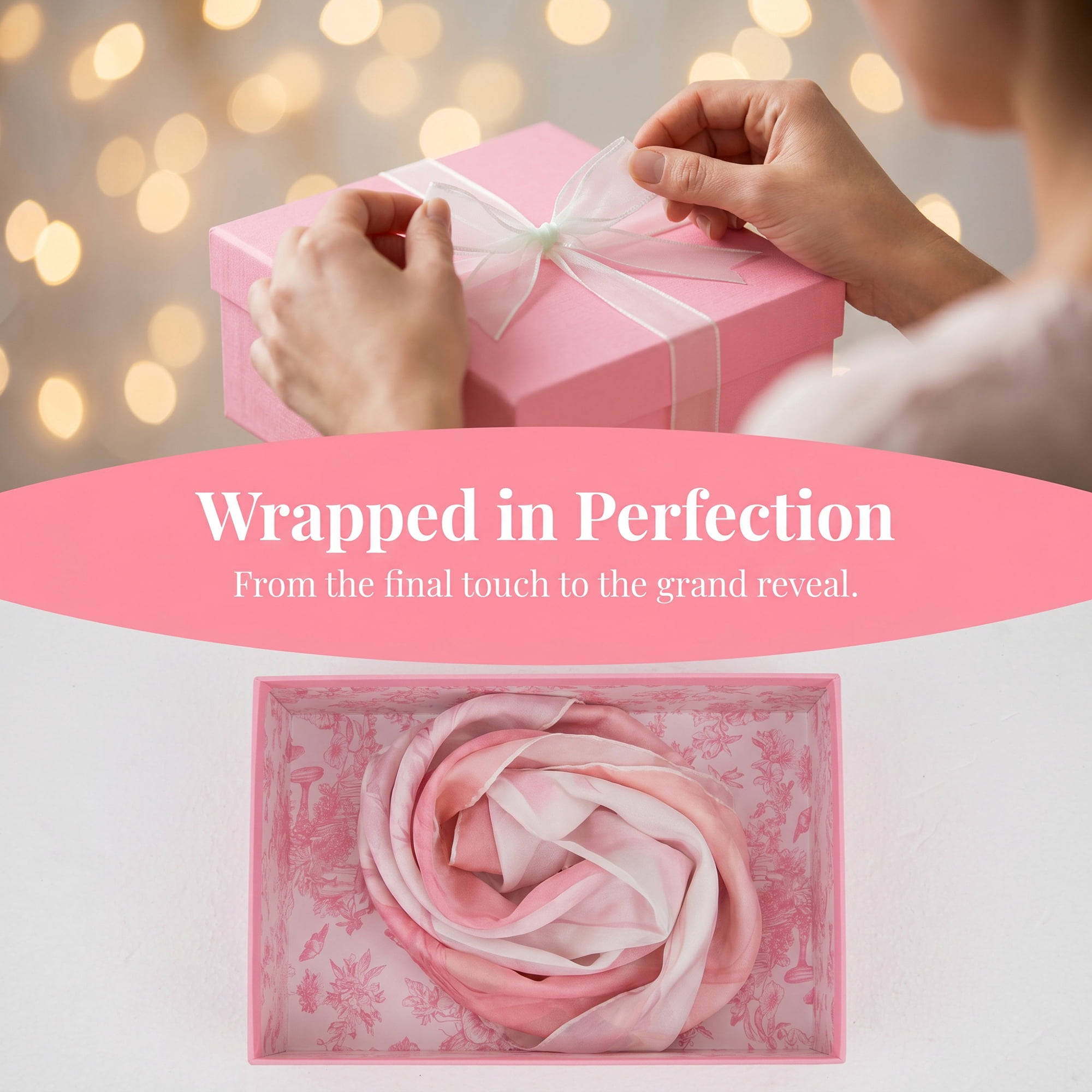 Unique Bargains Elegant Empty Gift Box with Printed Ribbon Pink 10" x 8.1" x 3.9"