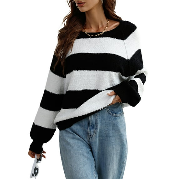 Franhais Women Long Sleeves Knitted Fluffy Sweater Top Autumn Loose Fit Stripes Pullover Streetwear Blouse