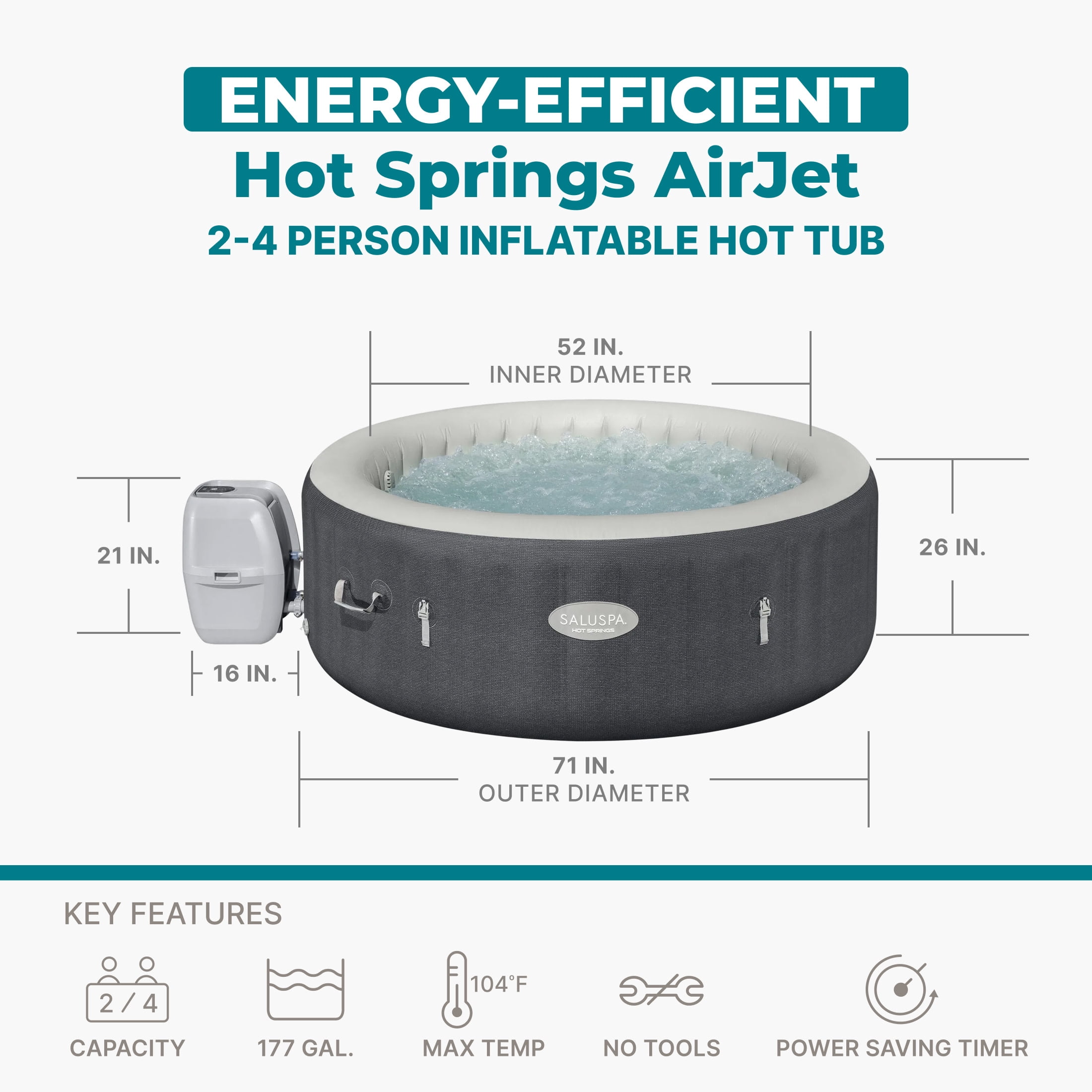 Bestway SaluSpa Hot Springs Energy Efficient Smart AirJet 2-4 Person Inflatable Round Hot Tub Spa
