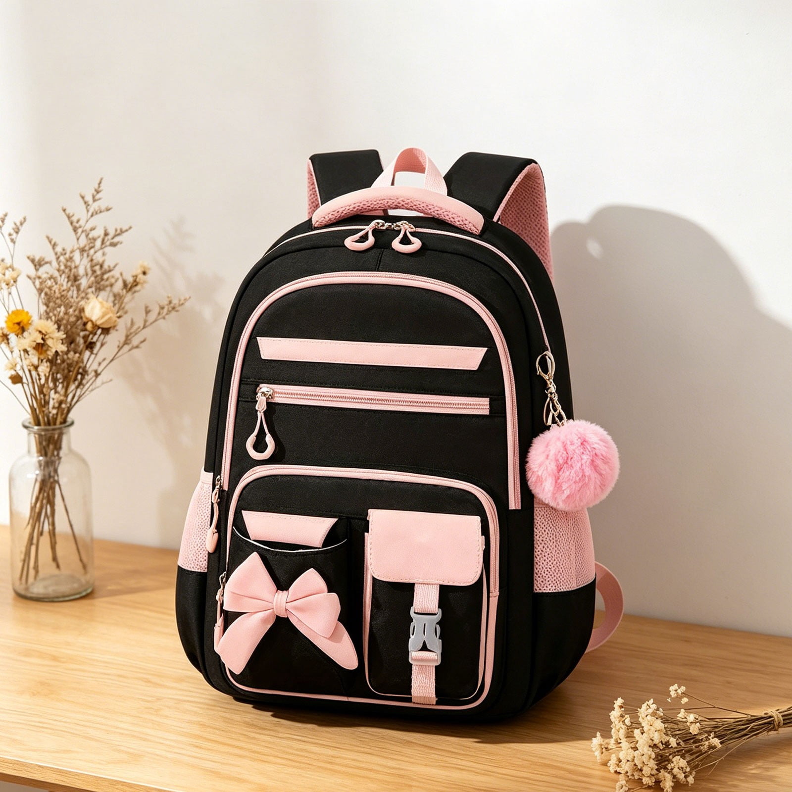 KUMHONW Women Backpack，Cute Office Backpack for Women Teens，Kawaii Bookbag for Primary Elementary，Black Pink