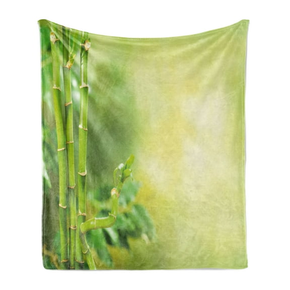 Spa Soft Flannel Fleece Throw Blanket, Green Nature Bamboos with Other Tree Braches and Bushes Image, Cozy Plush for Indoor and Outdoor Use, 70" x 90", Green and Pale Green, by Ambesonne