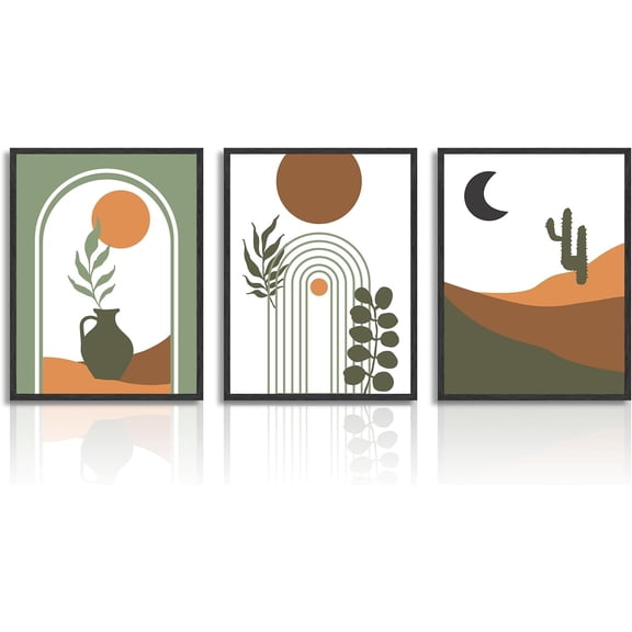 Boho Abstract Wall Decor Poster Sun Moon Sage Green Geometric Line Wall Poster for Bedroom Living Room Decor 12x16 in Unframed Set of 3