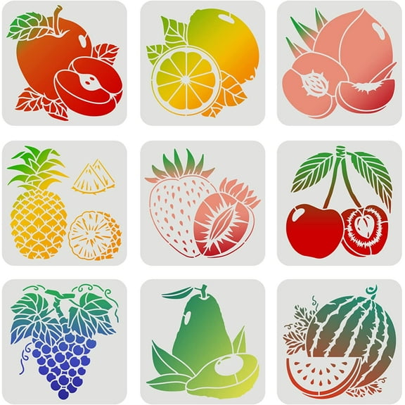 9 Pcs Fruits Stencils 7.87x7.87inch Plastic Lemon Fruit Watermelon Stencils Peach Pear Cherry Strawberry Grape Reusable Fruit Theme Stencils for Painting on Wood Wall Floor white