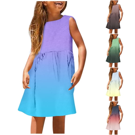 Gunia Girls Summer Dress Sleeveless A Line Stretchy Comfort Round Neck Casual With Gradient Print Beach Outdoor Activities Sundress For Toddler Kids Youth Sky Blue Dress For Girls 18M-14Y