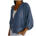 thumbnail image 2 of Linen Blend Shirts for Women 3/4 Sleeve 2 Button V Neck Open Front Solid Tops Blue,M, 2 of 6