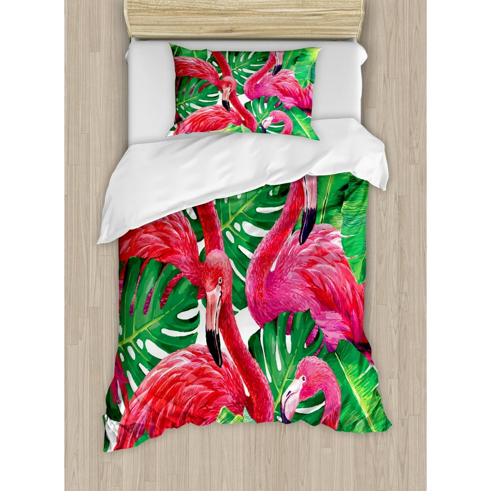 Flamingo Twin Size Duvet Cover Set, Flamingos Sitting on Macro Tropic ...