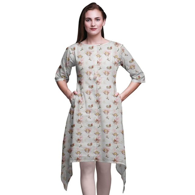 Bimba Kurti Asymétrique Imprimé Branche Rose et Colibri pour Femmes Robe d'Été Indienne Tunique XXX-Large