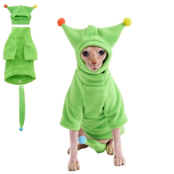 ZZ Sphynx Cat Clothes, Warm Cat Jumpsuit with Hat and Tail Cover, Full Set for Hairless Cats, Cornish Rex and Devon Rex (Green, M(4.5-5.5lbs))