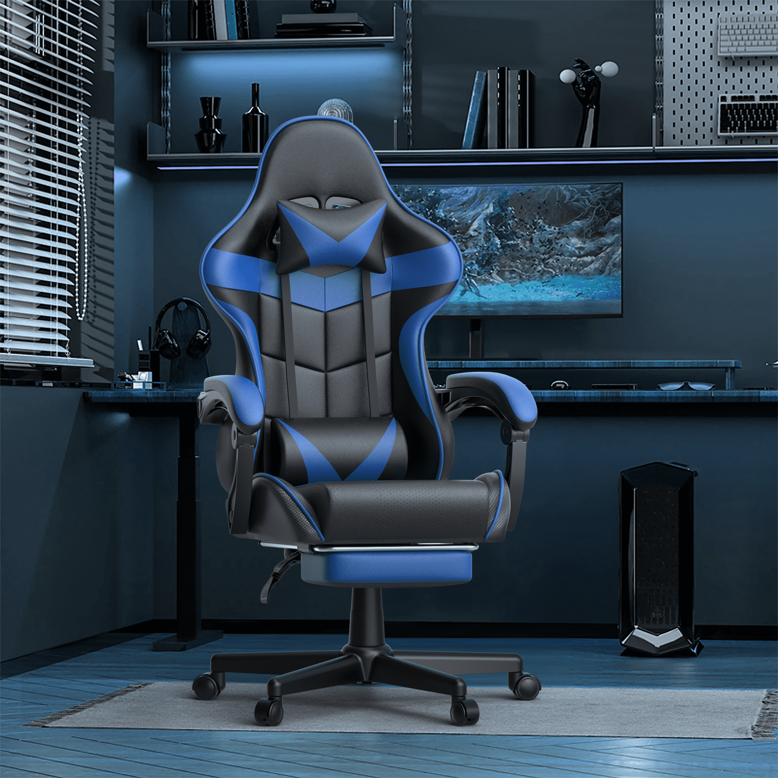 Soontrans Gaming Chair with Footrest, Ergonomic Office Chair High Back with Headrest & Massage Lumbar Support, Swivel Leather Chairs, Blue
