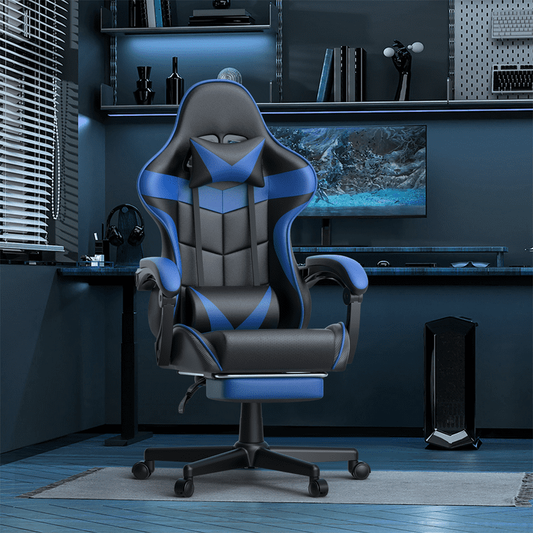 Soontrans Gaming Chair with Footrest Ergonomic Office Chair High Back with Headrest Massage Lumbar Support Swivel Leather Chairs Blue