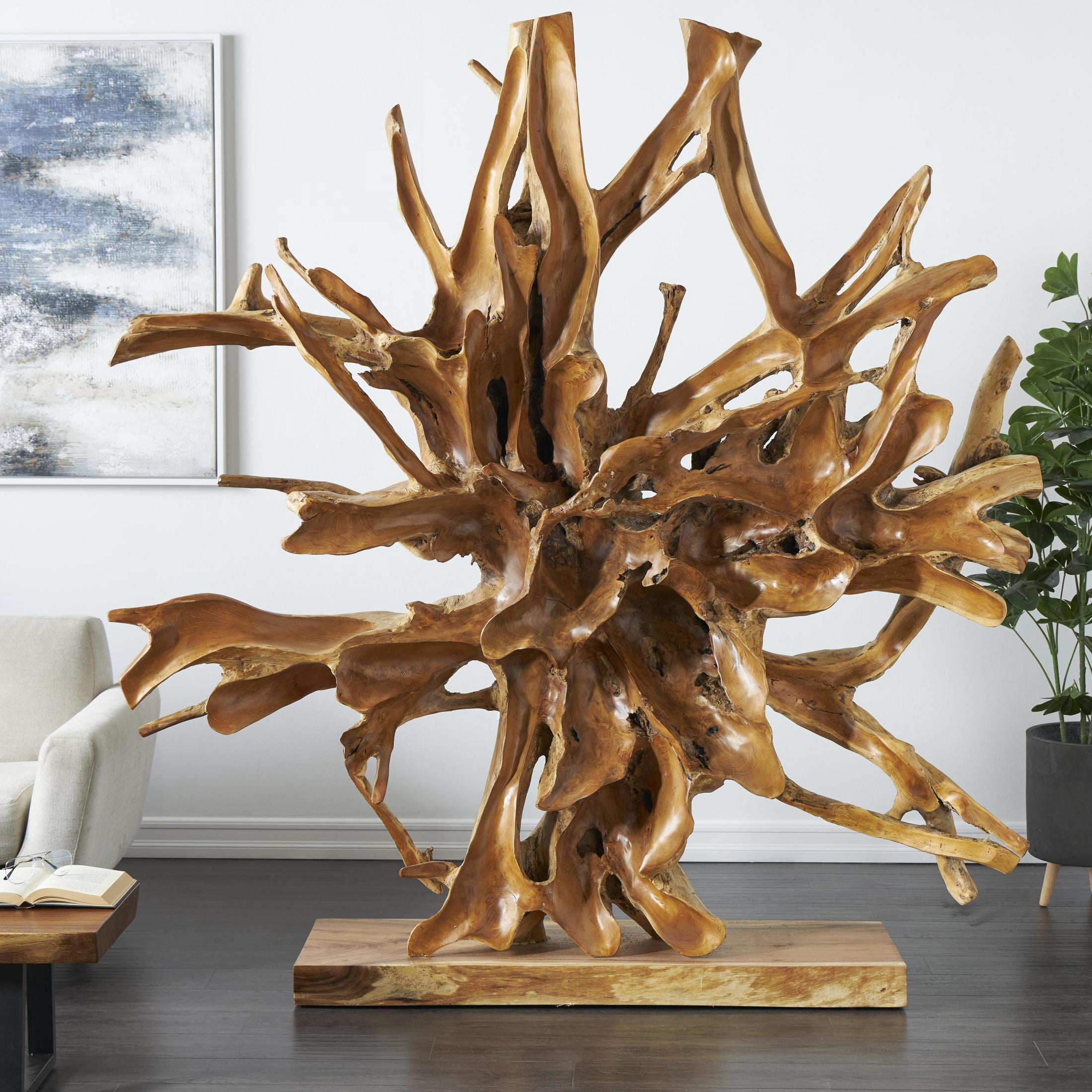 83" x 82" Light Brown Teak Wood Handmade Large Oversized Tree Root Floor Abstract Sculpture, by DecMode