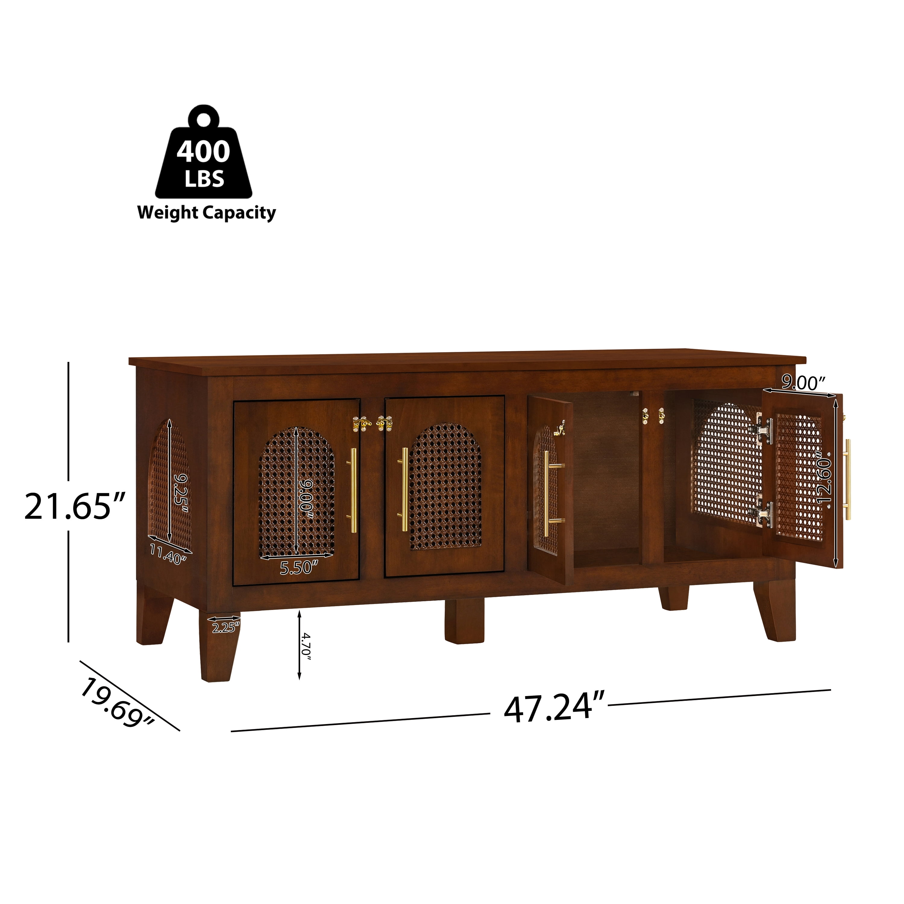 Indoor Rattan Decorated Rubber Wood Dog Crate Cabinet Furniture, Stylish Pet Kennel with 4 Doors for Living Room
