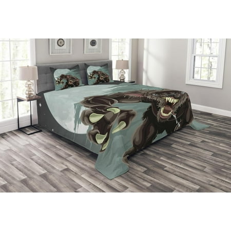 Wolf Bedspread Twin Wolf Bedspread Set, Night Skyline with Full Moon and Stars Werewolf Attacking Position Ravenous Being, Decorative Quilted Coverlet Set with Pillow Shams Included, Multicolor, by Ambesonne ()