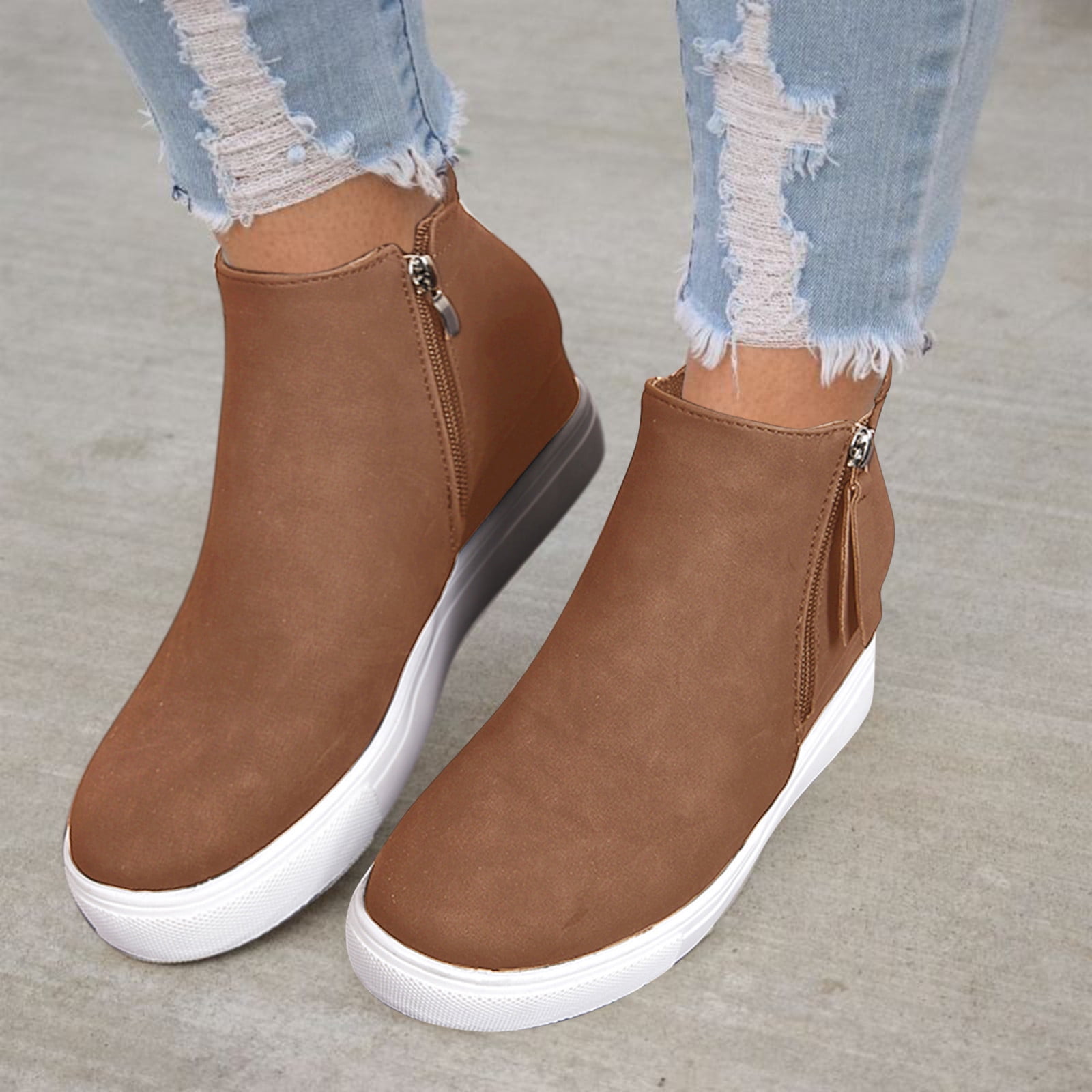 Women Round Toe Leather Ankle Boots Hidden Wedge Heel Retro Booties Shoe Pull on