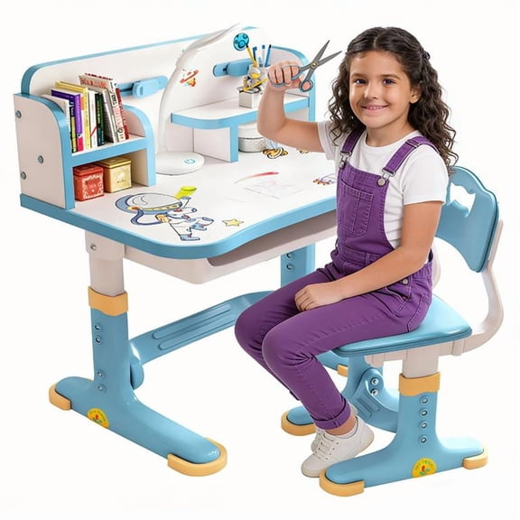 YNCE Upgraded Kid's Desk and Chair Set, Adjustable Children's Study Table with Bookshelf and Storage Drawer, 50-Degree Tiltable Desktop with Chair for Bedroom