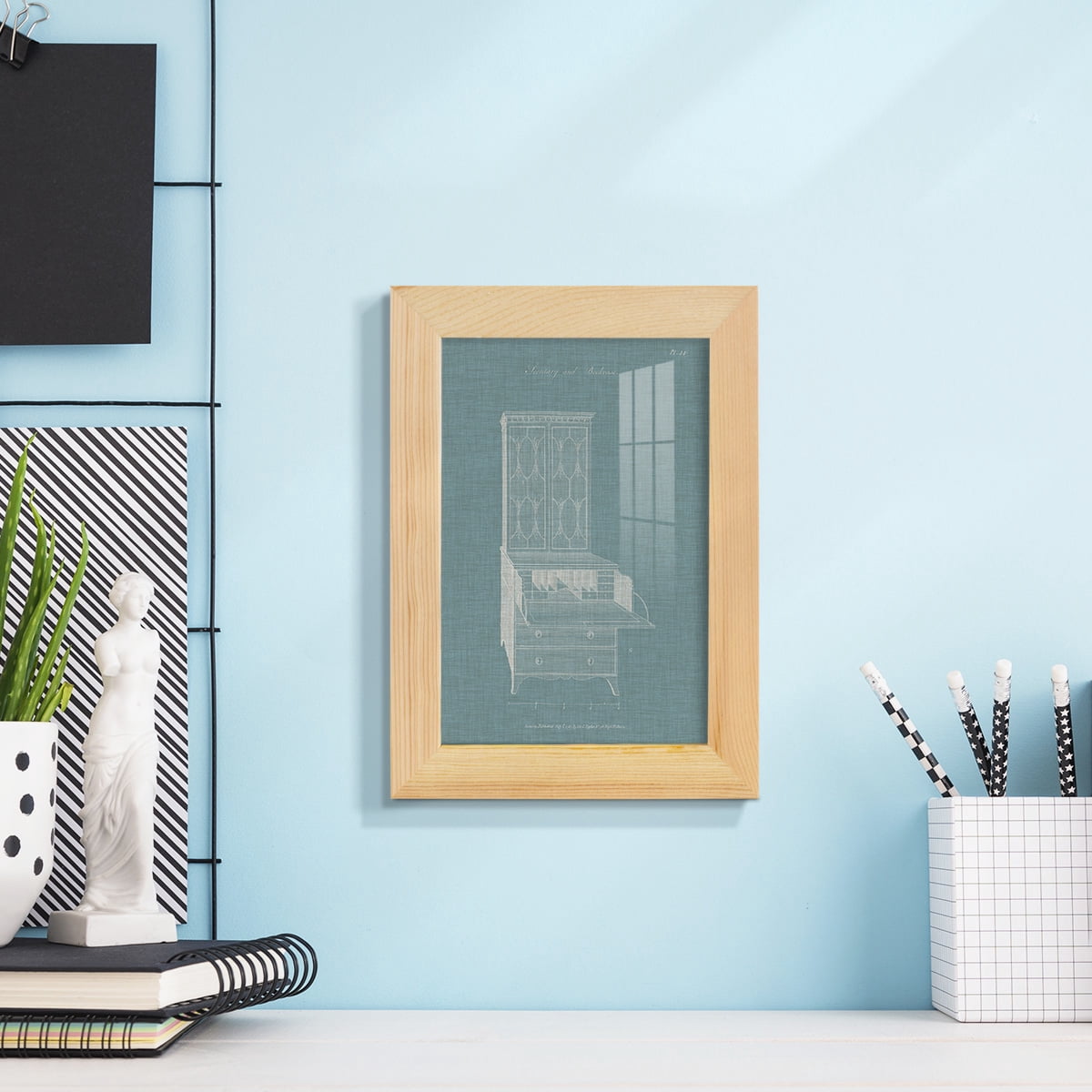 Hepplewhite Desk & Bookcase I - Framed Print w/glass - Natural Wood