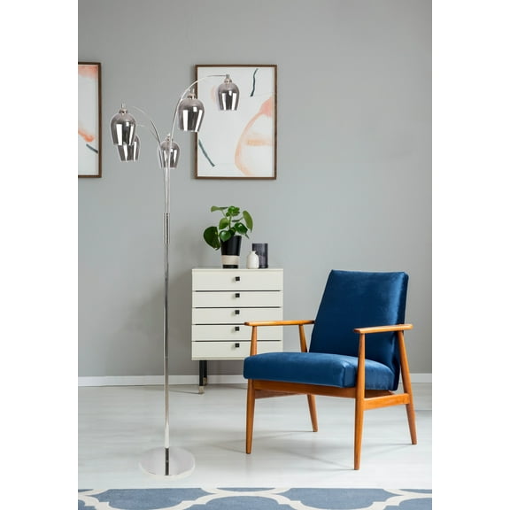 69" Polished Nickel Floor Lamp w/ Five Lights, LED Lights, & Metallic Grey Glass Shades