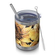 12oz Tumblers Yellow Sunflower Art Pattern Vacuum Insulated Stainless Steel Travel Tumbler Cups Mug with Lid and Straw for Beer,Coffee,Beverages with Cleaning Brush for Cold & Hot Drinks