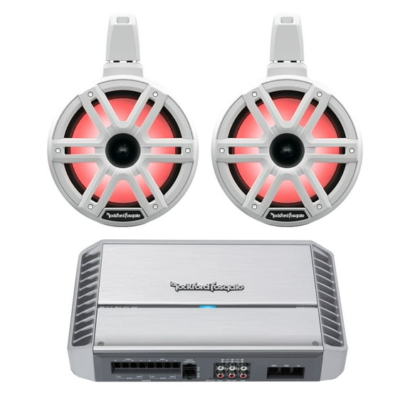 Rockford Fosgate 1 Pair M2WL-8H 8” White Color Optix Horn Wake Tower Speakers with PM600X4 4 Channel Marine Amplifier