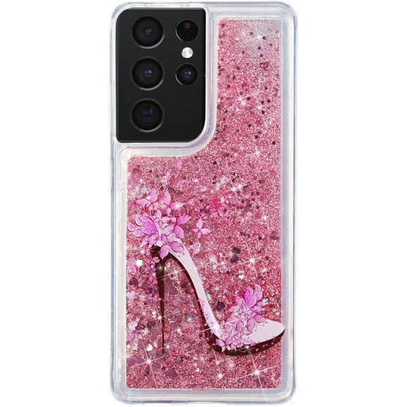 Case for Galaxy S22 Ultra,Glitter Quicksand Moving Hearts Star Flower Cartoon Animals Flowing Liquid Protective Soft Phone Case for Samsung Galaxy S22 Ultra 5G,6.8" 2022 (Pink Heels)