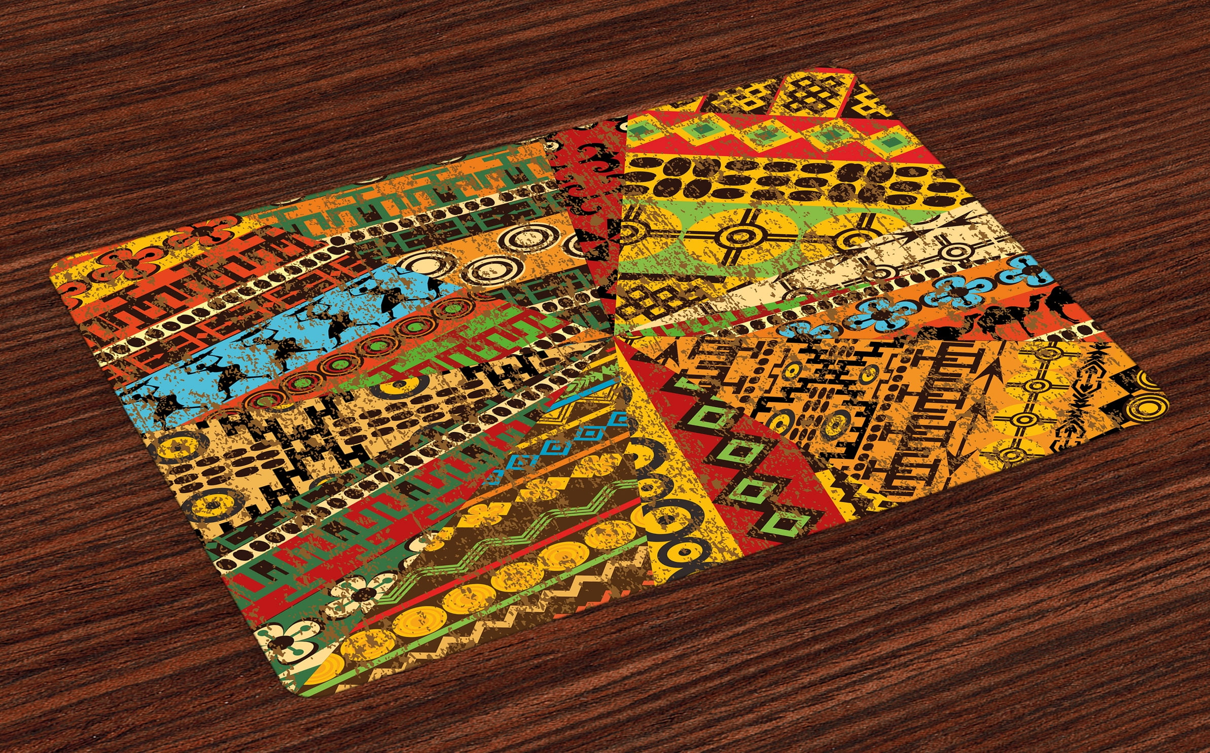 African Placemats Set of 4 Grunge Collage with Ethnic Motifs Tribal