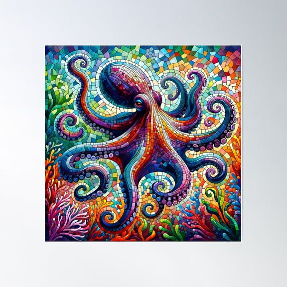 Kaleidoscope Octopus - Colorful Mosaic Poster Wall Art, Modern Wall Decor For Living Room Bedroom, 17x17 UNFRAMED