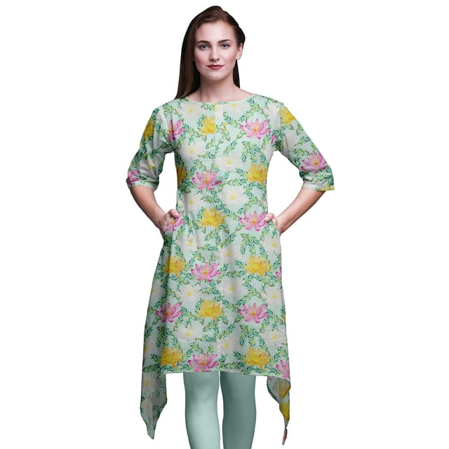 Bimba Kurti Asymétrique à Imprimé Floral Feuilles Vertes et Nénuphar pour Femmes Robe d'Été Indienne Tunique Grande