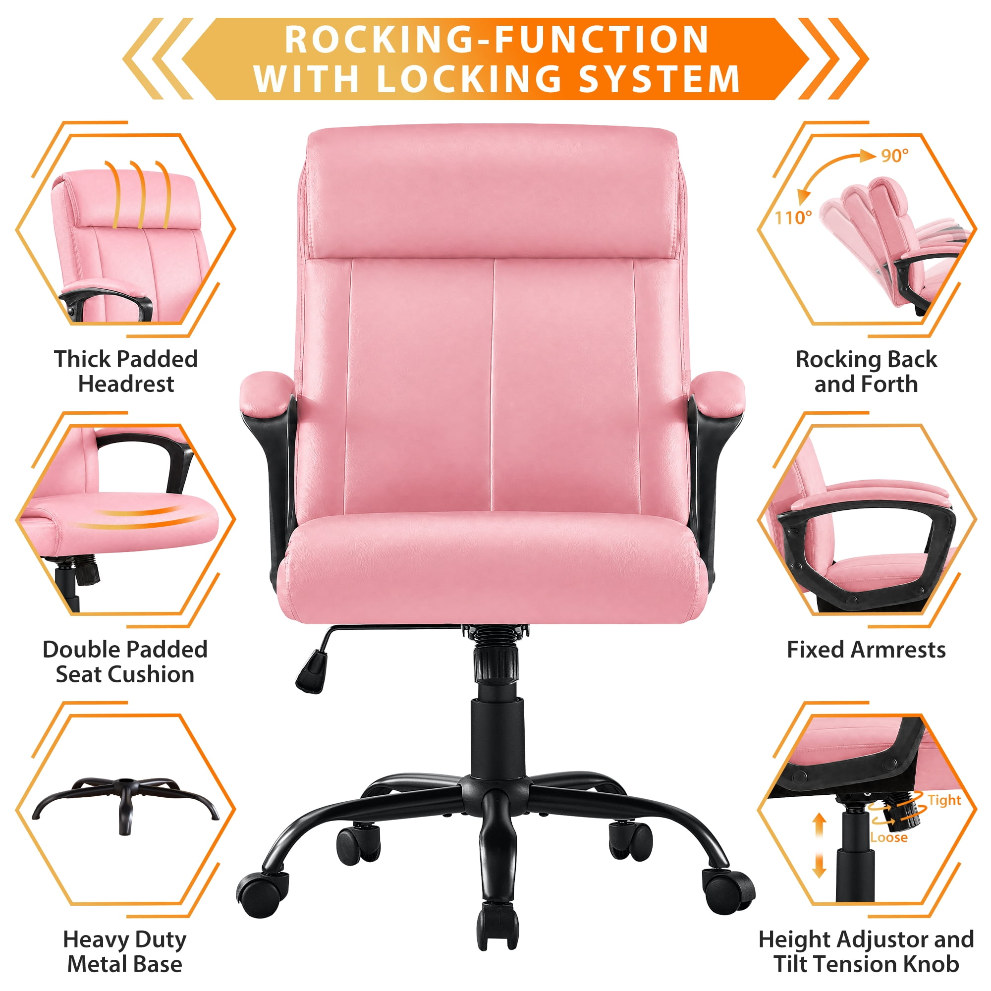 JONPONY Big and Tall Office Chair 300LBS Wide Seat Ergonomic Computer Desk Chair High Back Executive Leather Chair Adjustable Task Chair Lumbar Back Support 10 Hours Heavy Duty Design,Pink