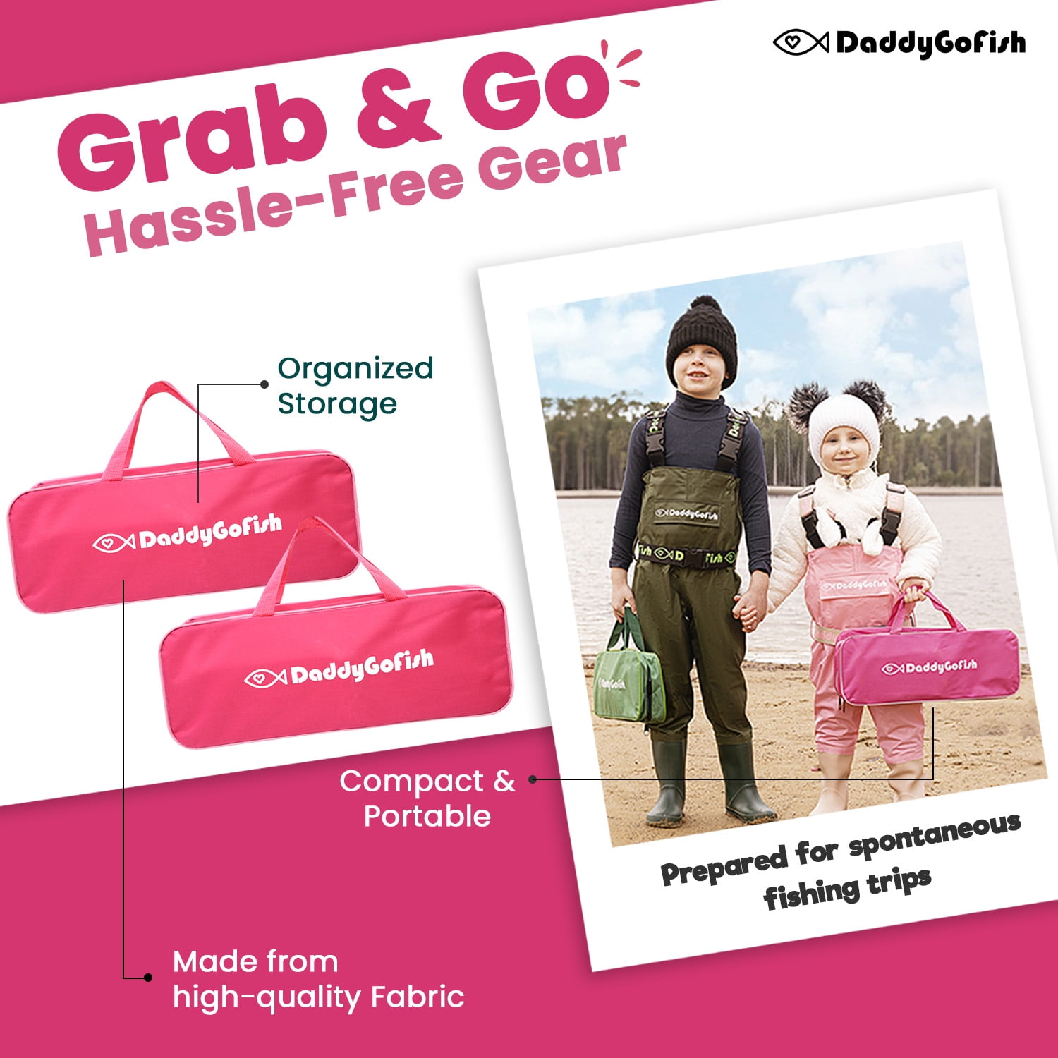 DaddyGoFish Kids Fishing Pole - Rod Reel Combo Tackle Box Starter Set - First Year Small Gear Kit for Boys Girls Toddler Youth Age Beginner Little Children (Essential Set, Pink + Pink, 4ft)