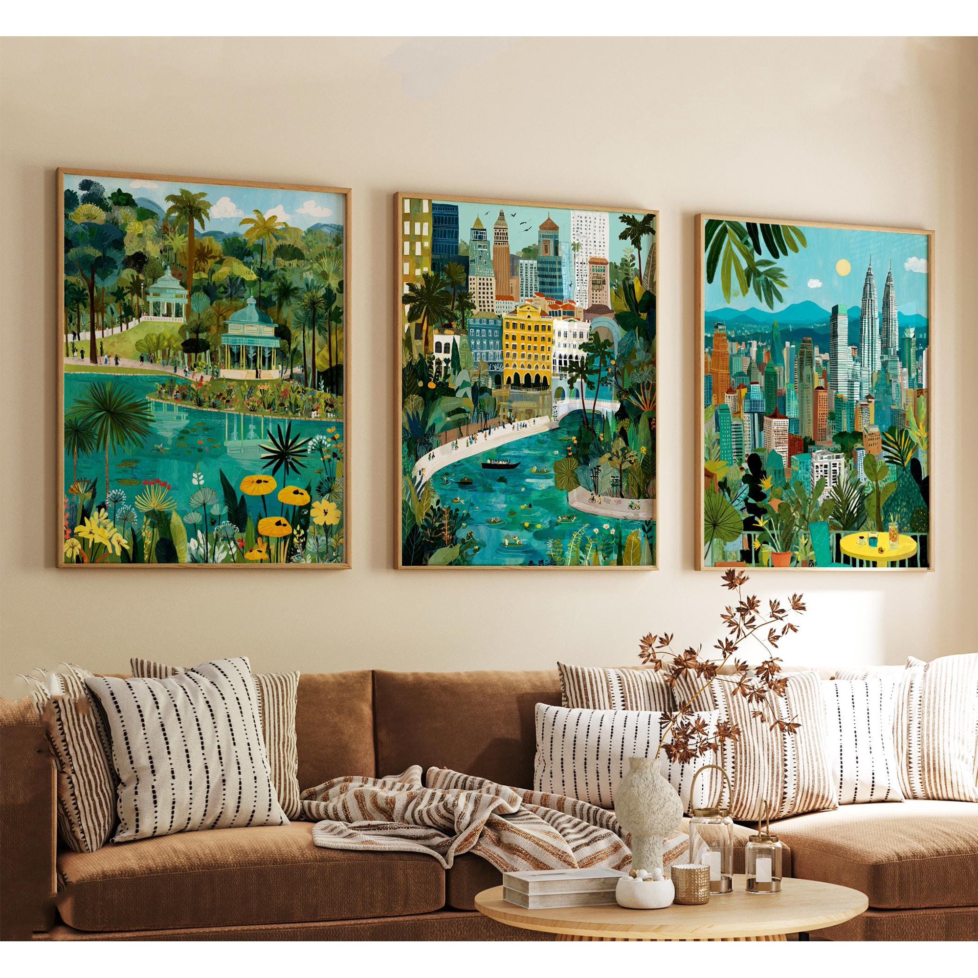 Kuala Lumpur Malaysia Poster Vintage Inspired City Skyline Wall Art Neutral Asian Travel Prints Set 3