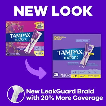 Tampax Radiant Tampons Duo Pack with Leak Guard Braid, Light/Regular Absorbency, 26 Ct