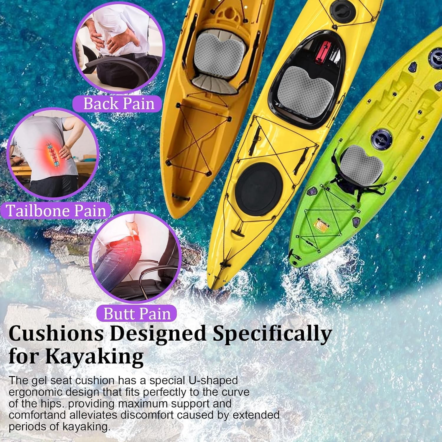 Anti-Slip Kayak Seat Cushion - Waterproof Thicken Gel Boat Kayak Canoe Rowing Stadium Pad for Sit in Kayak Chair Kayak Accessories Equipment Gear for Fishing Kayak
