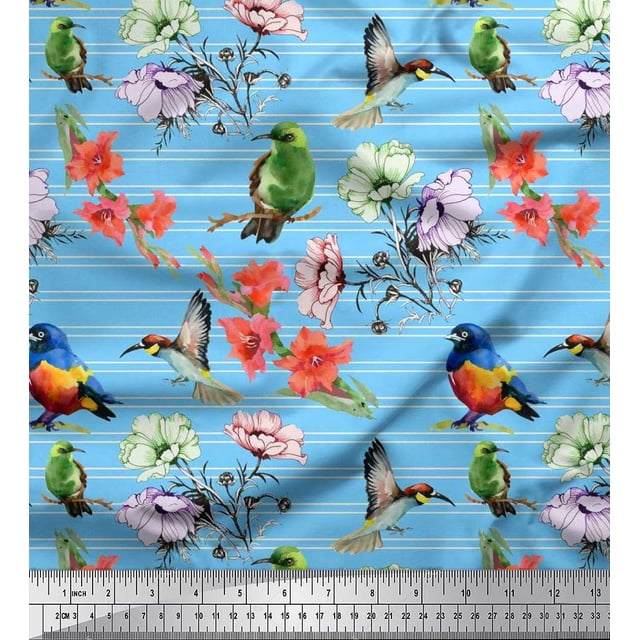 Soimoi Rayon Fabric Stripe,Birds & Anemone Floral Decor Fabric Printed Yard 56 Inch Wide