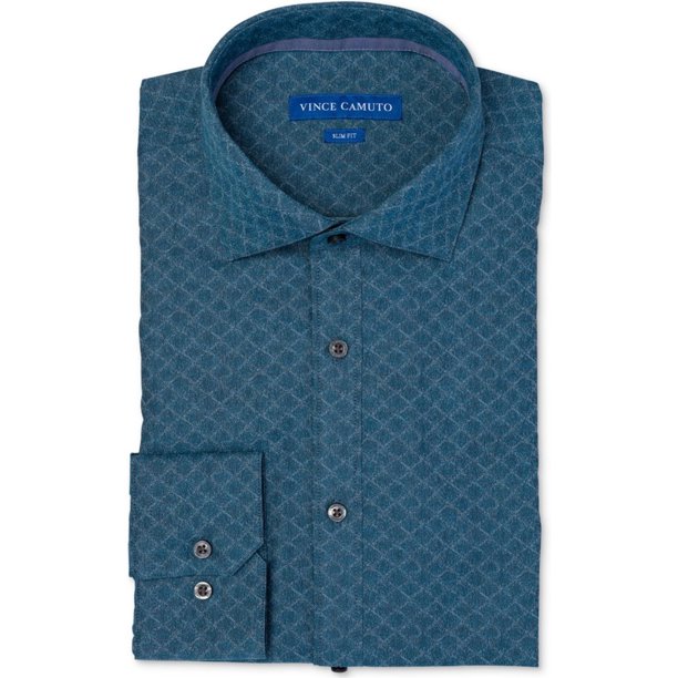 Vince Camuto - Camisa de vestir con botones de jacquard para hombre, azul, cuello de 17.5 pulgadas, manga de 32 a 33 pulgadas
