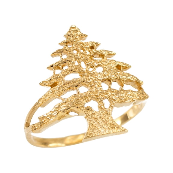Solid Gold Textured Band Lebanese Cedar Tree Women's Ring (10K Yellow Gold,Size 4)