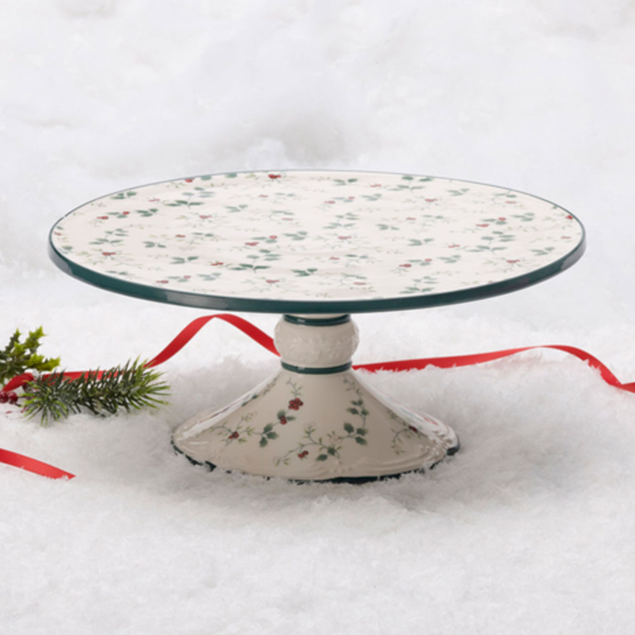 Pfaltzgraff Winterberry Round Cake Plate White with Green and Red Accents