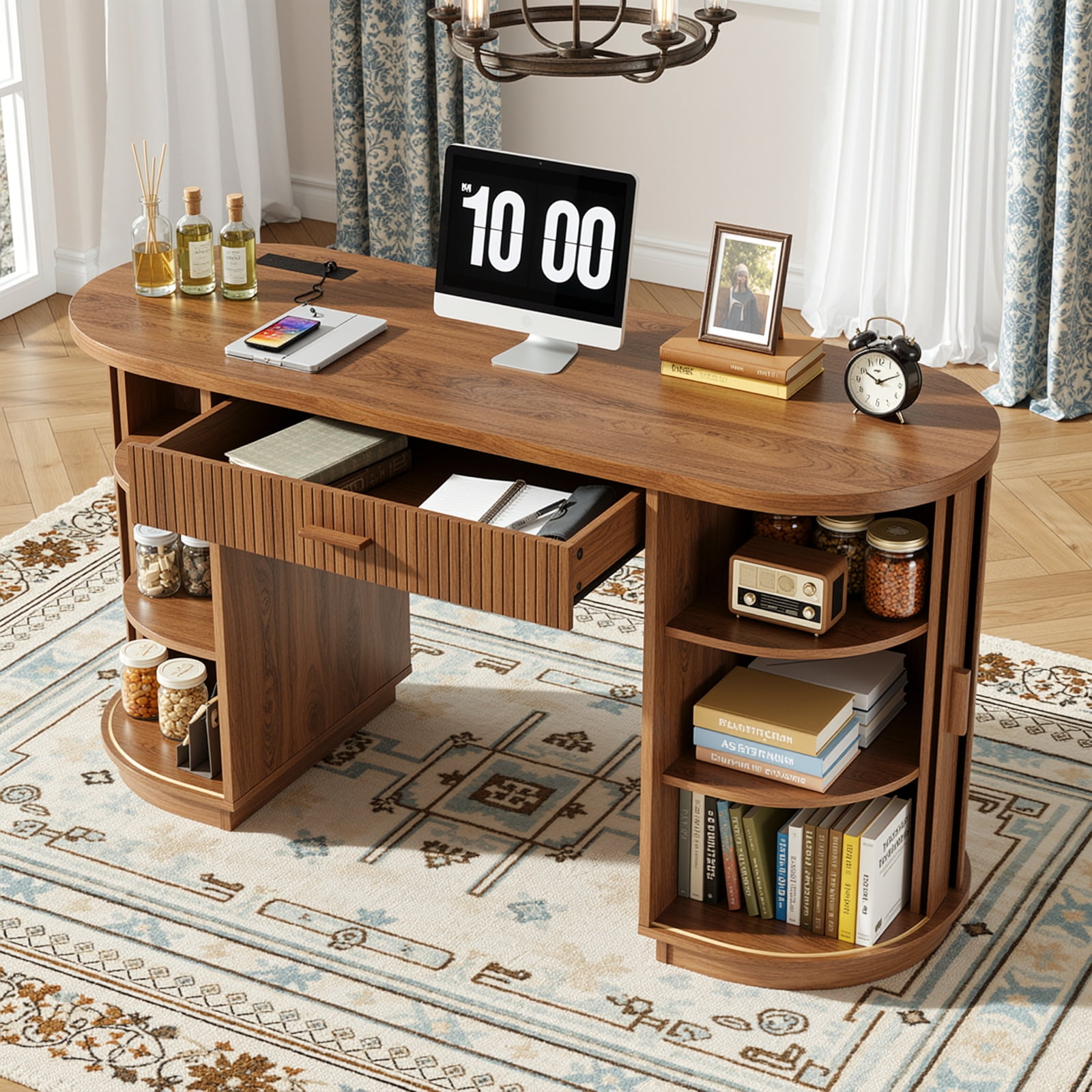 58 inch Home Office Desk with Charging Station, Fluted Executive Computer Desk with Drawers and Storage Cabinet, Large Wood Writing Table for Study, Living Room, Bedroom Workstation,Elegant Walnut