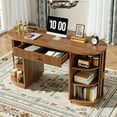 thumbnail image 3 of 58 inch Home Office Desk with Charging Station, Fluted Executive Computer Desk with Drawers and Storage Cabinet, Large Wood Writing Table for Study, Living Room, Bedroom Workstation,Elegant Walnut, 3 of 7