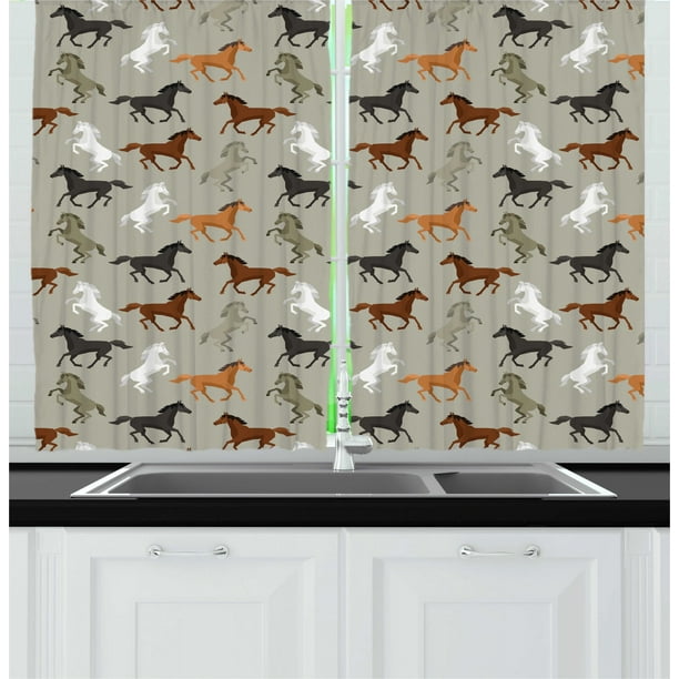 Horses Curtains 2 Panels Set, Abstract Stallions Simple Design Equestrian Animals Galloping