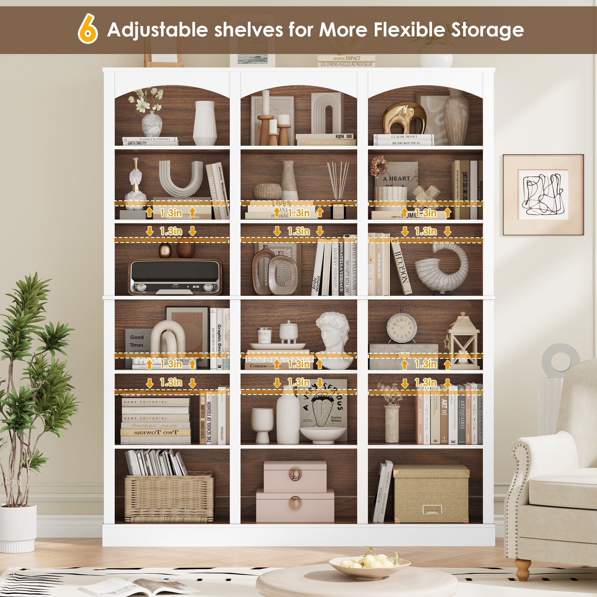 Homfa 18-Cube Bookcase and Bookshelves, 71.2" Triple Width 6 Tier Freestanding Arch Library Cabinet for Home Office Living Room, White Bark Texture & Walnut