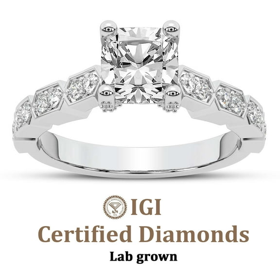IGI Certified 2 Carat Cushion Shape Lab Grown Diamond Engagement Ring | 14K White Gold | Calista Side Stone Lab Diamond Ring | FG-VS1-VS2 Quality Friendly Diamonds