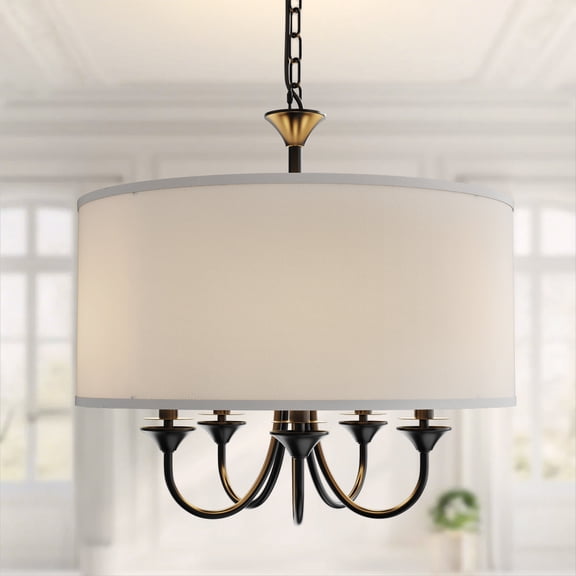 LOHASLED 5-Light Matte Black Drum Chandelier, E12 Base with White Shades, Curved Arm Ceiling Light Fixture, Bulbs Not Included