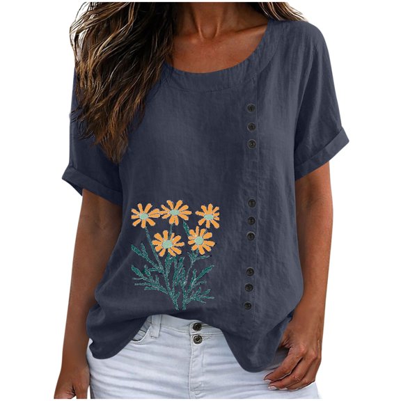 cocolona Summer Printed T-shirts for Women Crew Neck Short Sleeve Button Pullover Tops Dressy Casual Blouses Base Tees