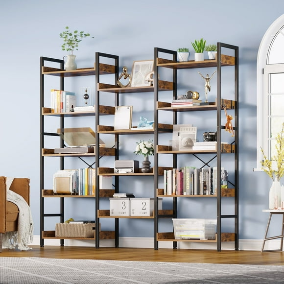 Greenstell Bibliothèque Industrielle Grand, Système de Rangement Triple à 5 Niveaux avec 4 Crochets, Brun Rustique