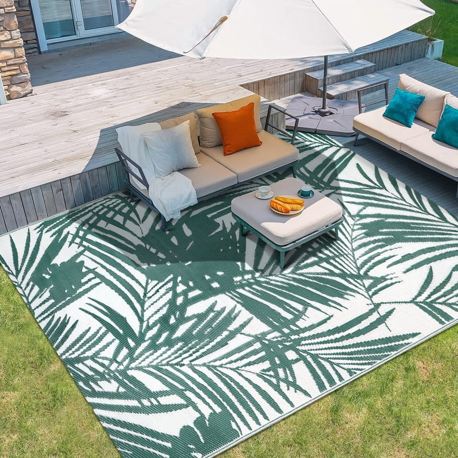 Aonewoe Outdoor Rug 6x9 Waterproof Reversible Plastic Straw Camping Rugs for Outside RV, Indoor Outdoor Area Rugs for Patio,Deck,Porch,Balcony, Green & White