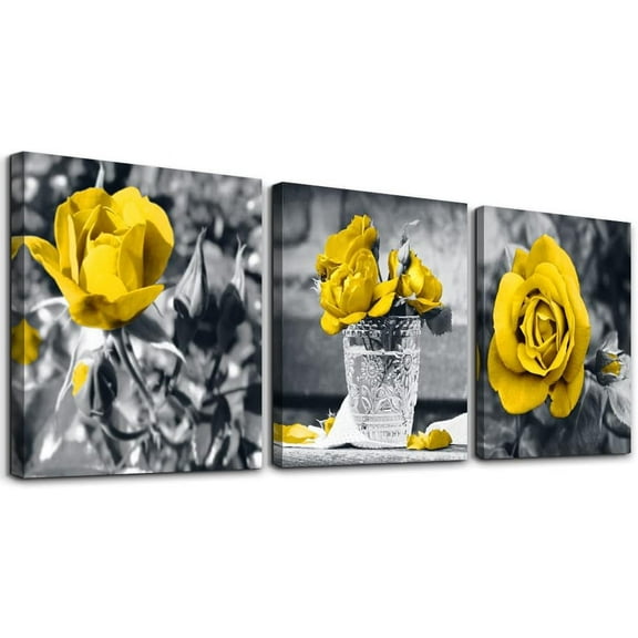 Canvas Wall Art For Bedroom Wall Decor For Kitchen Living Room Decor Girls Room Wall Decorations Black And White Wall Pictures Artwork Yellow Rose Flowers Canvas Prints Bathroom Home Decor 3 Piece