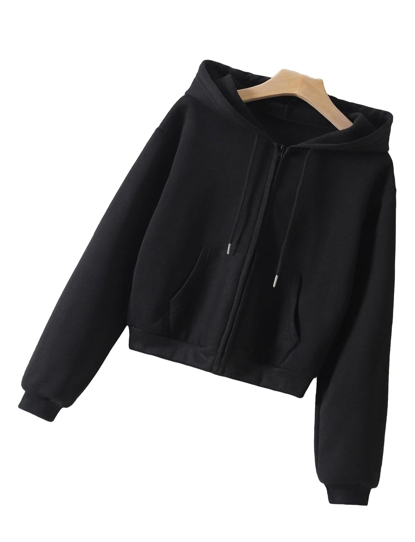 Casual Plain Hooded Zip Up Long Sleeve Black Women Sweatshirts (Women's