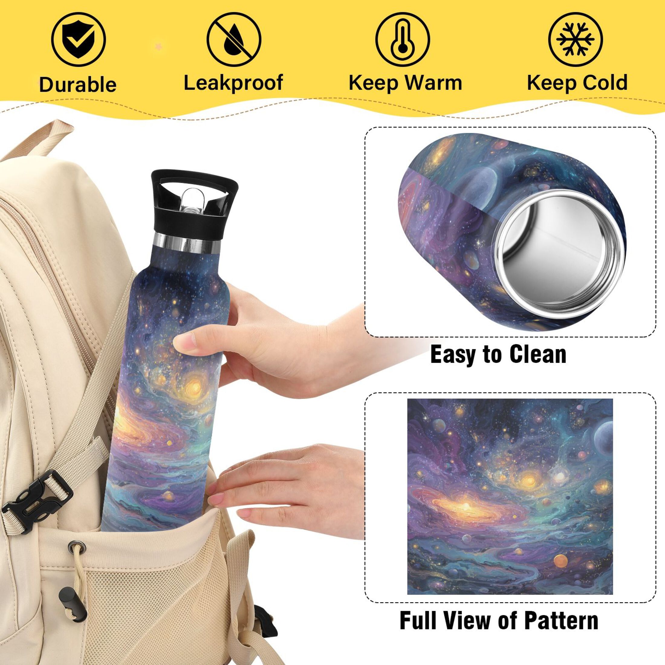 Kids Insulated Stainless Steel Sports Water Bottle 600ml (20oz) Vibrant and Colorful Universe