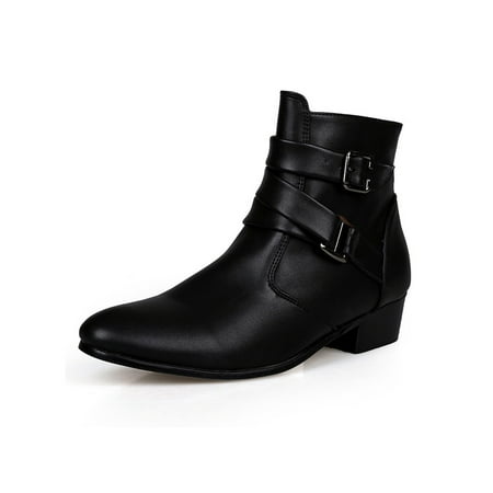 

Crocowalk Mens Winter Shoes Low Calf Fashion Boots Pointy Toe Ankle Boot Non-slip Zip Up Bootie Men Classic Buckle Strap Casual Shoe Black 10