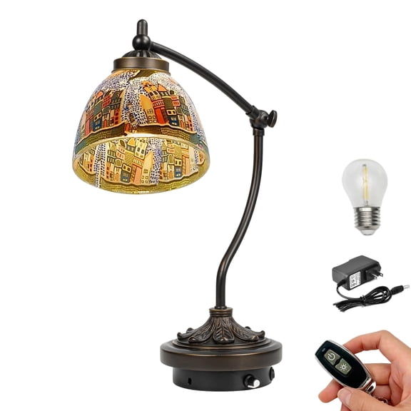 Kiven Cordless Table Lamp,1-Light Dimmable Bedside Lamps for Nightstand with Glass Lampshade, Tiffany-Style Rechargeable Desk Lamp for Reading Home Decor Bedside DZ0581